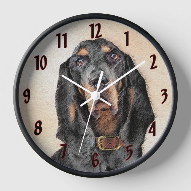 Black & Tan Coonhound Malerei - Original Hunde Kun Uhr (Vorderseite)