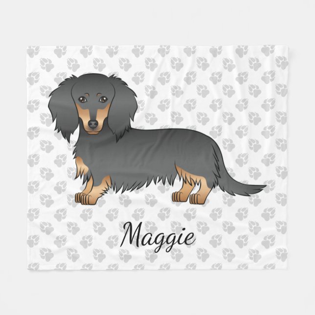 Black & Tan Long Hair Dackel Cartoon Dog & Name Fleecedecke (Vorderseite (Horizontal))