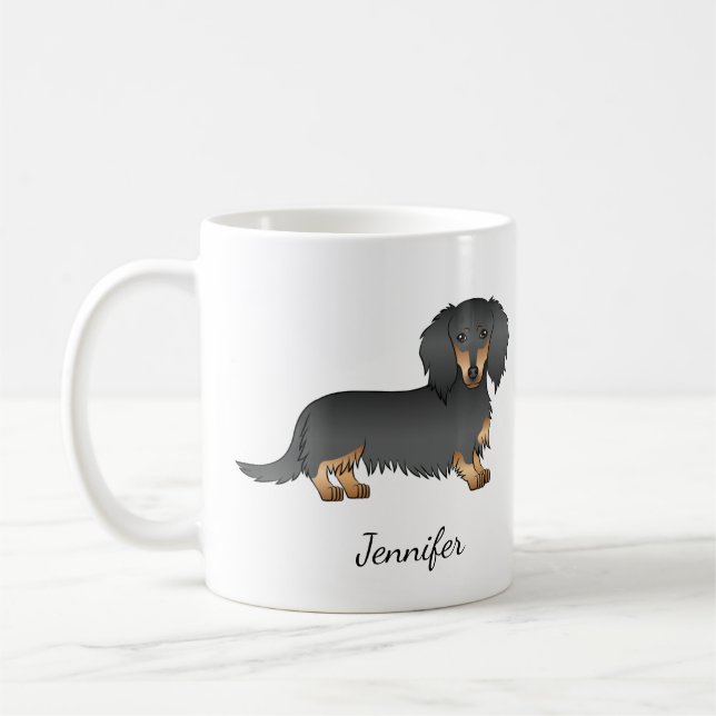 Black & Tan Long Hair Dackel Cartoon Dog & Name Kaffeetasse (Links)