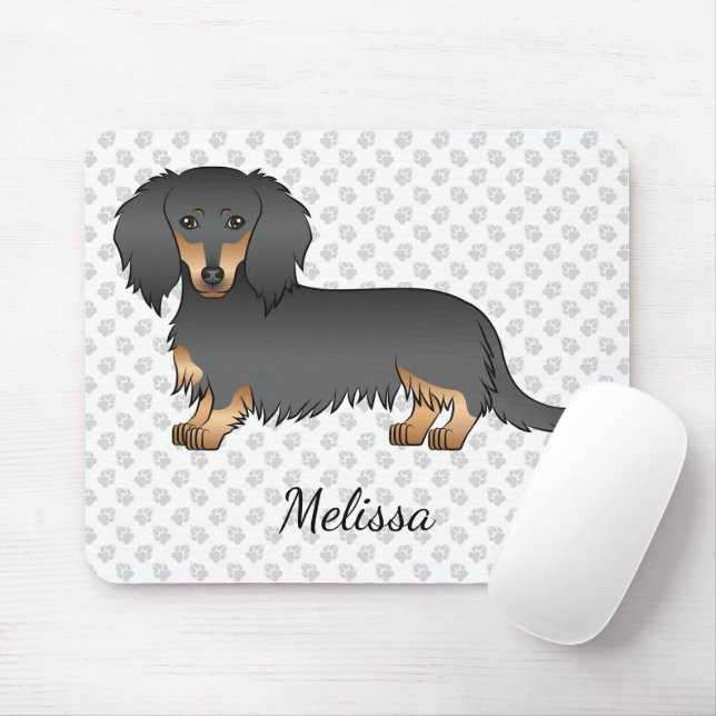 Black & Tan Long Hair Dackel Cartoon Dog & Name Mousepad (Mit Mouse)
