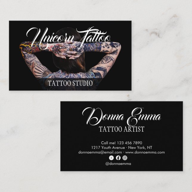 Black Tattoo artists photo script typography Visitenkarte (Vorne/Hinten)