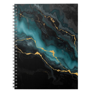 Black Teal Ink Marble Notebook with Gold Flow Vein Notizblock