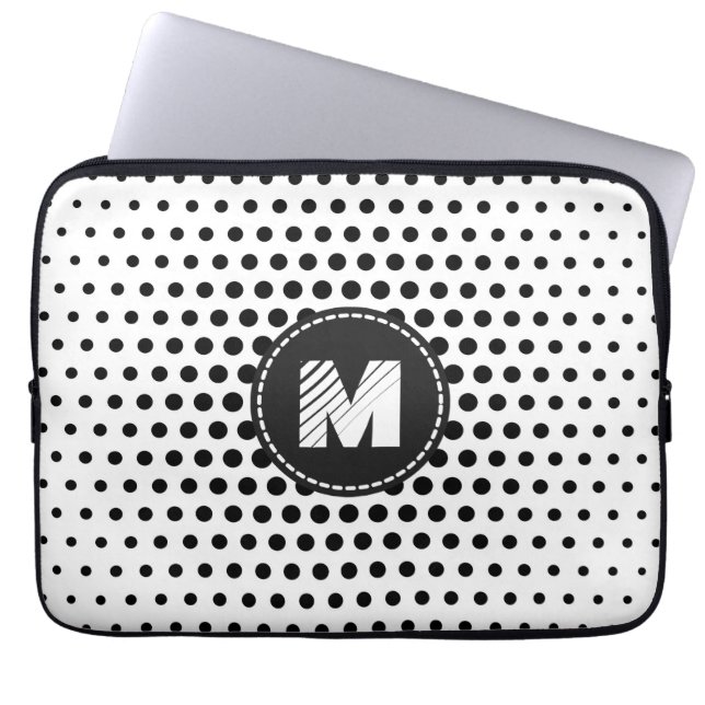 Black Techno Dots Modern Monogram Laptopschutzhülle (Vorderseite)