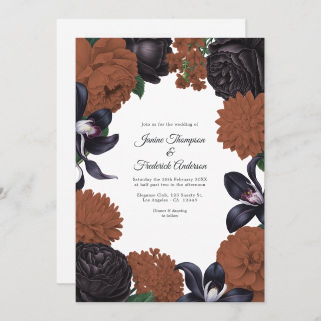 Black & Terracotta Photo/QR Code Floral Wedding Einladung (Vorne/Hinten)