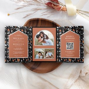 Black Terrazzo Tile Terracotta QR Code Wedding Dreifach Gefaltete Einladung