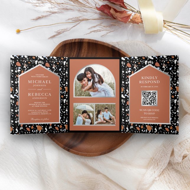 Black Terrazzo Tile Terracotta QR Code Wedding Dreifach Gefaltete Einladung (Von Creator hochgeladen)