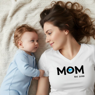 Black Text Established Mom Blue Double Heart T-Shirt
