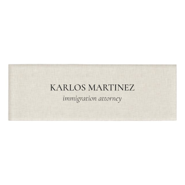 Black Text On Beige Linen Immigration Attorney Namenschild (Vorderseite)
