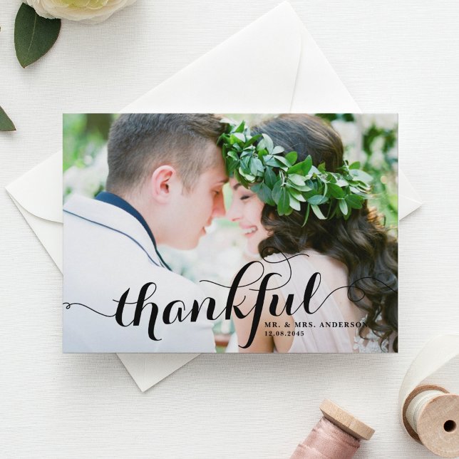 Black Thankful Calligraphy Foto Wedding Danke Postkarte (Von Creator hochgeladen)