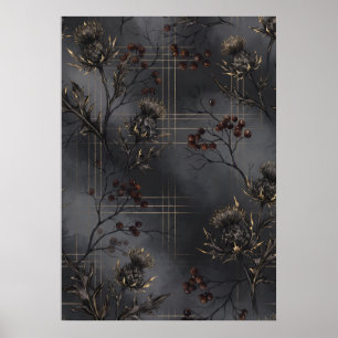 Black Thistle Rowan Gold Tartan Botanisches Poster