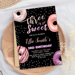 Black Three Sweet Pink Donut Birthday Einladungen