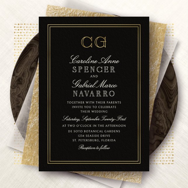 Black Tie Luxus Monogram Hochzeit Folieneinladung (Von Creator hochgeladen)