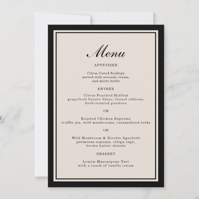 Black Tie Wedding Classic Menu Card Einladung (Vorderseite)