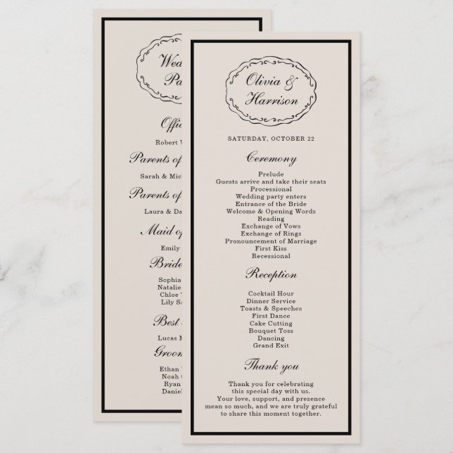 Black Tie Wedding Classic Program Card Einladung (Vorne/Hinten)