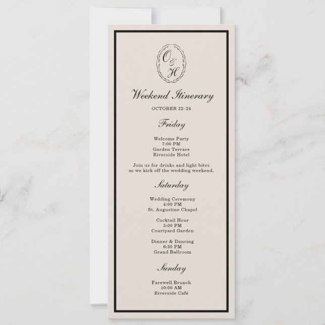 Black Tie Wedding Weekend Timeline Card Einladung (Vorderseite)