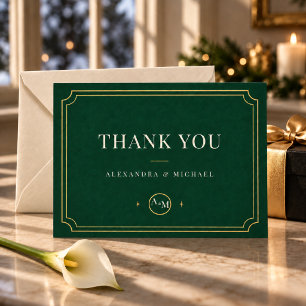 Black-Tie-Weihnachten Smaragdgrün & Gold-Monogramm Dankeskarte
