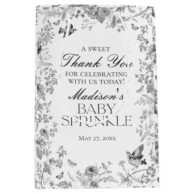 Black Toile De Jouy Baby Sprinkle Favors Mittlere Geschenktüte (Vorderseite)