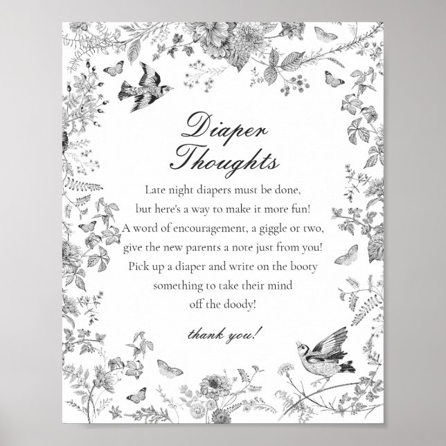 Black Toile De Jouy Diaper Thoughts Baby Shower Poster (Vorne)