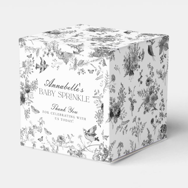 Black Toile De Jouy Floral Baby Sprinkle Favor Box Geschenkschachtel (Rückseite)
