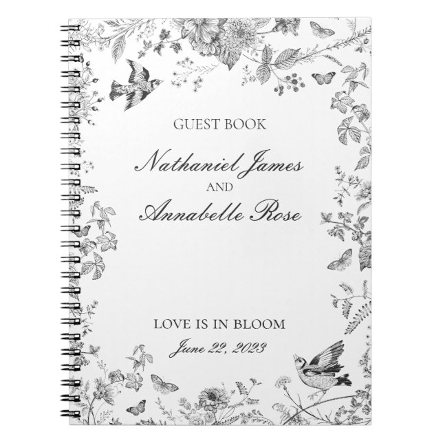 Black Toile De Jouy Floral Wedding Guest Book Notizblock (Vorderseite)