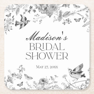 Black Toile De Jouy Vintag Floral Brautparty Rechteckiger Pappuntersetzer