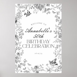 Black Toile Floral Geburtstagsfeier Begrüßung Poster