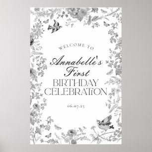 Black Toile Floral Geburtstagsfeier Begrüßung Poster