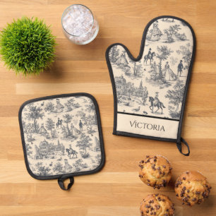 Black Toile Shabby Chic Personalisiert Ofenhandschuh & Topflappen-Set