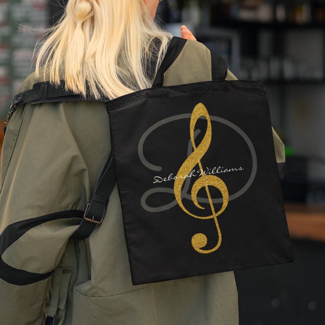 Black Tote Bag mit ihrem Namen und ihrem Klappen (music style)