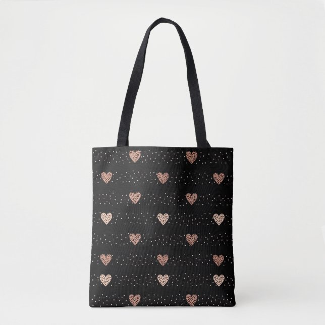 Black Tote Bag mit rosa Herz Polka Dot Pattern (Vorderseite)
