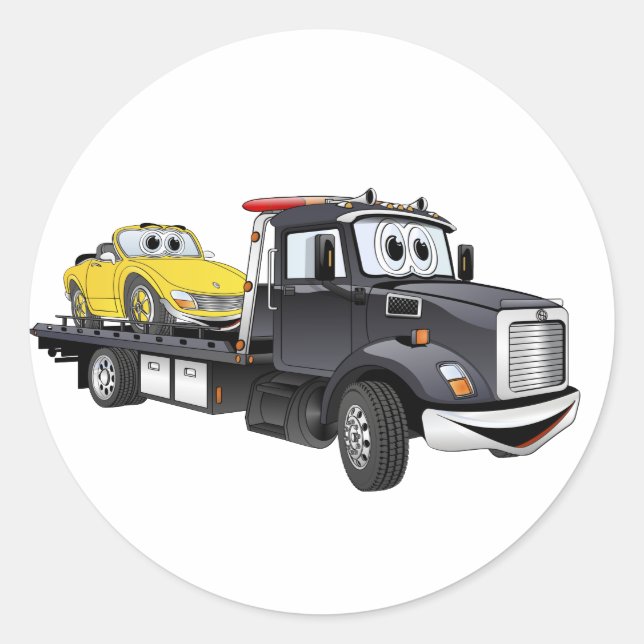 Black Tow Truck Flatbed Cartoon Runder Aufkleber (Vorderseite)