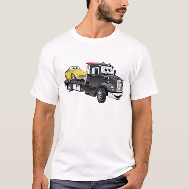 Black Tow Truck Flatbed Cartoon T-Shirt (Vorderseite)