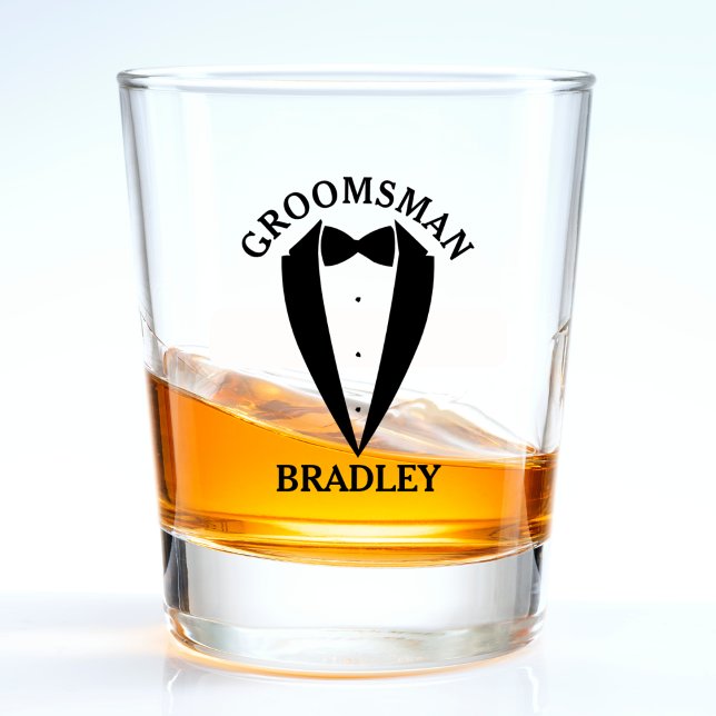 Black Trauzeuge Name Wedelbachelor Party Schnapsglas (groomsman shot glass, black suit bowtie)