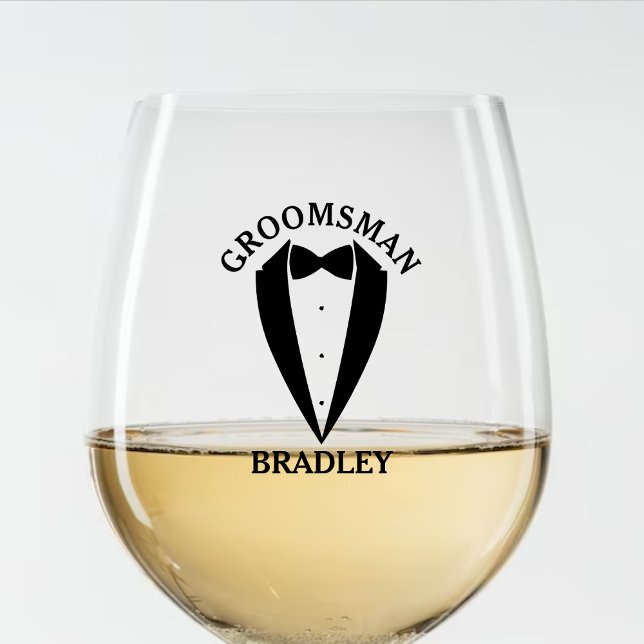 Black Trauzeuge Name Wedelbachelor Party Weinglas Ohne Stiel (Black Groomsman Name Wedding Bachelor Party Stemless Wine Glass)