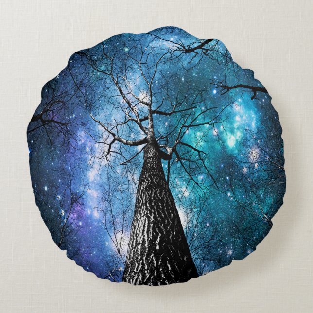 Black Trees Blue Space Round Pillow Rundes Kissen (Rückseite)