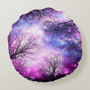 Black Trees Fuchsia Violet Space Pillow Rundes Kissen
