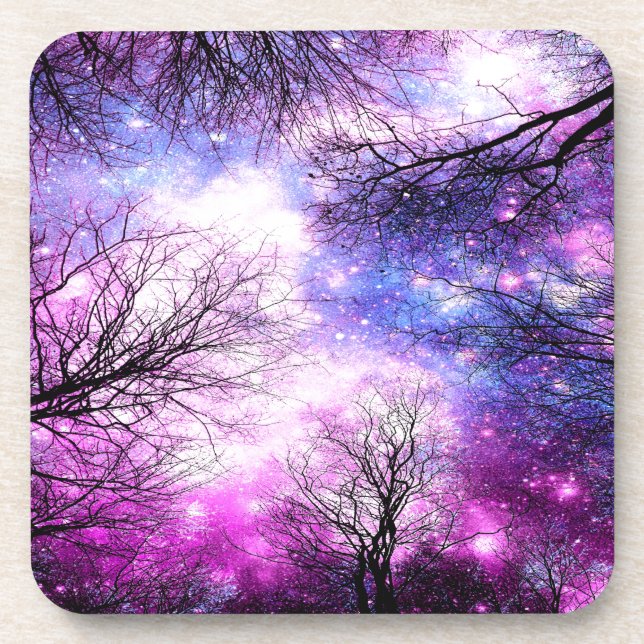 Black Trees Fuchsia Violet Space Untersetzer (Vorderseite)