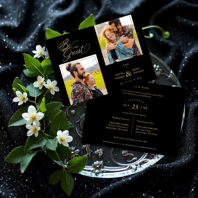 Black Trendy 2 Photos Fake Golden Einladung (Black Trendy Collage Wedding 2 Photos Invitation.)