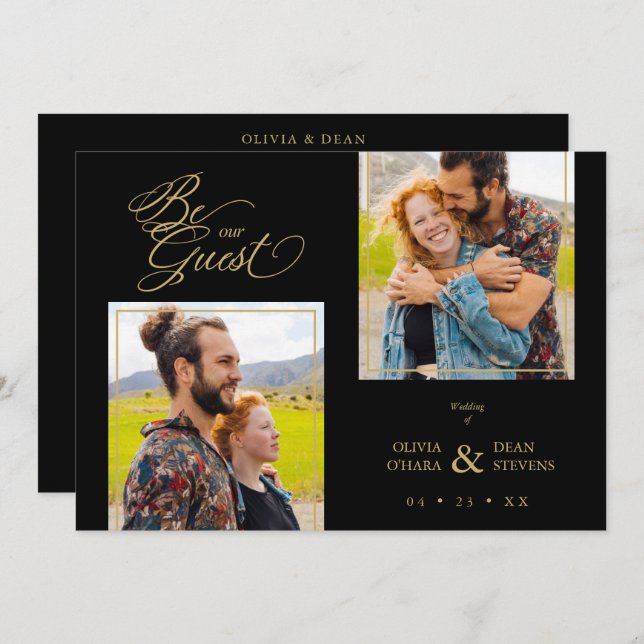 Black Trendy 2 Photos Fake Golden Einladung (Vorne/Hinten)