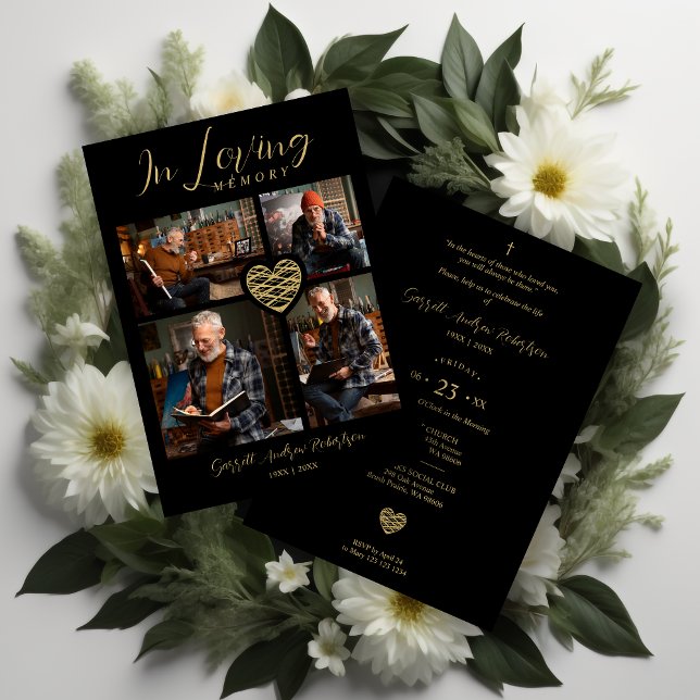 Black Trendy Collage 4 Photos Modern Heart  Einladung (Black Trendy Collage 4 Photos Modern Heart for Funeral or Celebration of Life Invitation card.)