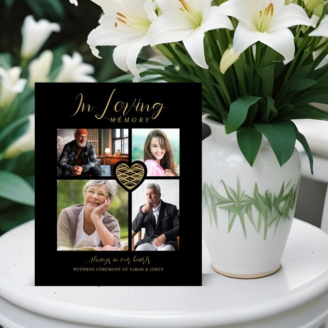 Black Trendy Collage 4 Photos Modern Heart Wedding Sockelschild (Black Trendy Collage 4 Photos Modern Heart for Wedding Memorial Table pedestal Sign.)