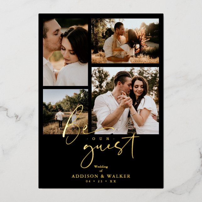 Black Trendy Collage Wedding 4 Fotos Real Golden Folieneinladung (Vorderseite)