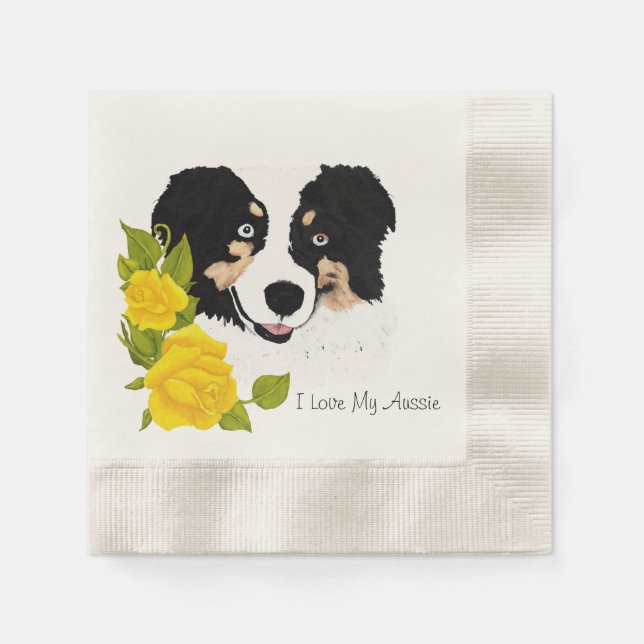 Black Tri Aussie und Yellow Roses Serviette (Vorderseite)