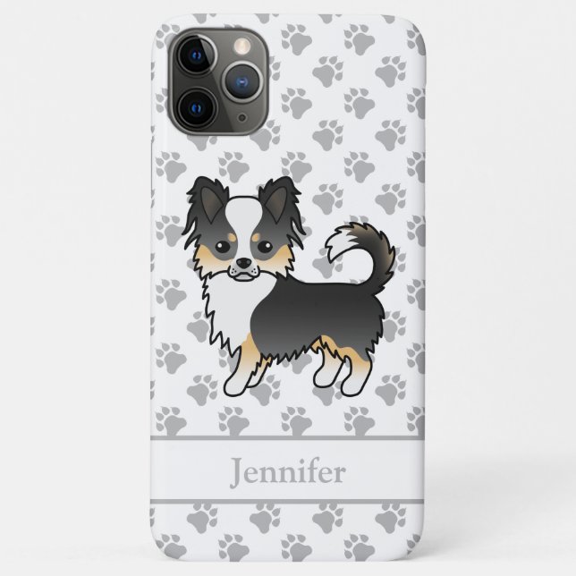 Black Tri Long Coat Chihuahua Cartoon Dog & Name Case-Mate iPhone Hülle (Rückseite)