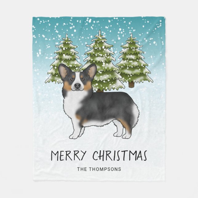 Black Tri Pembroke Corgi Snow Forest Weihnachten Fleecedecke (Vorderseite)