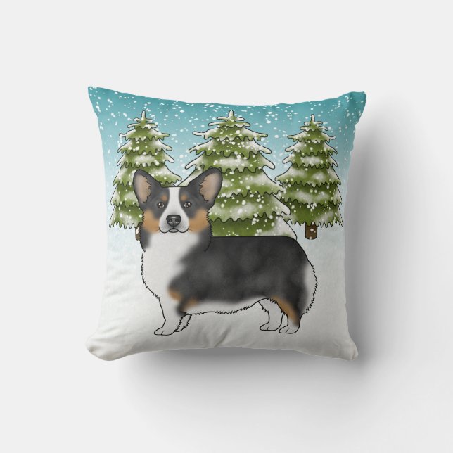 Black Tri Pembroke Corgi Snowy Winter Weihnachten Kissen (Vorderseite)