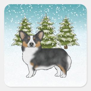 Black Tri Pembroke Corgi Winter Forest Weihnachten Quadratischer Aufkleber