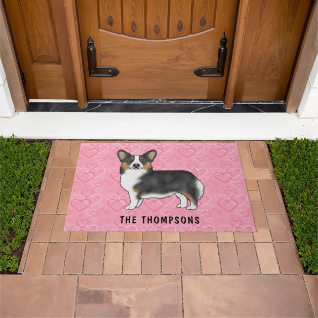 Black Tri Pembroke Welsh Corgi Dog Pink Hearts Fußmatte (Außenbereich)