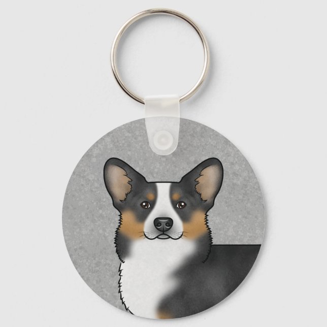 Black Tricolor Pembroke Welsh Corgi Dog Head Schlüsselanhänger (Vorderseite)