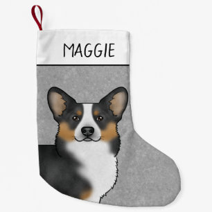 Black Tricolor Pembroke Welsh Corgi Kopf und Name Kleiner Weihnachtsstrumpf